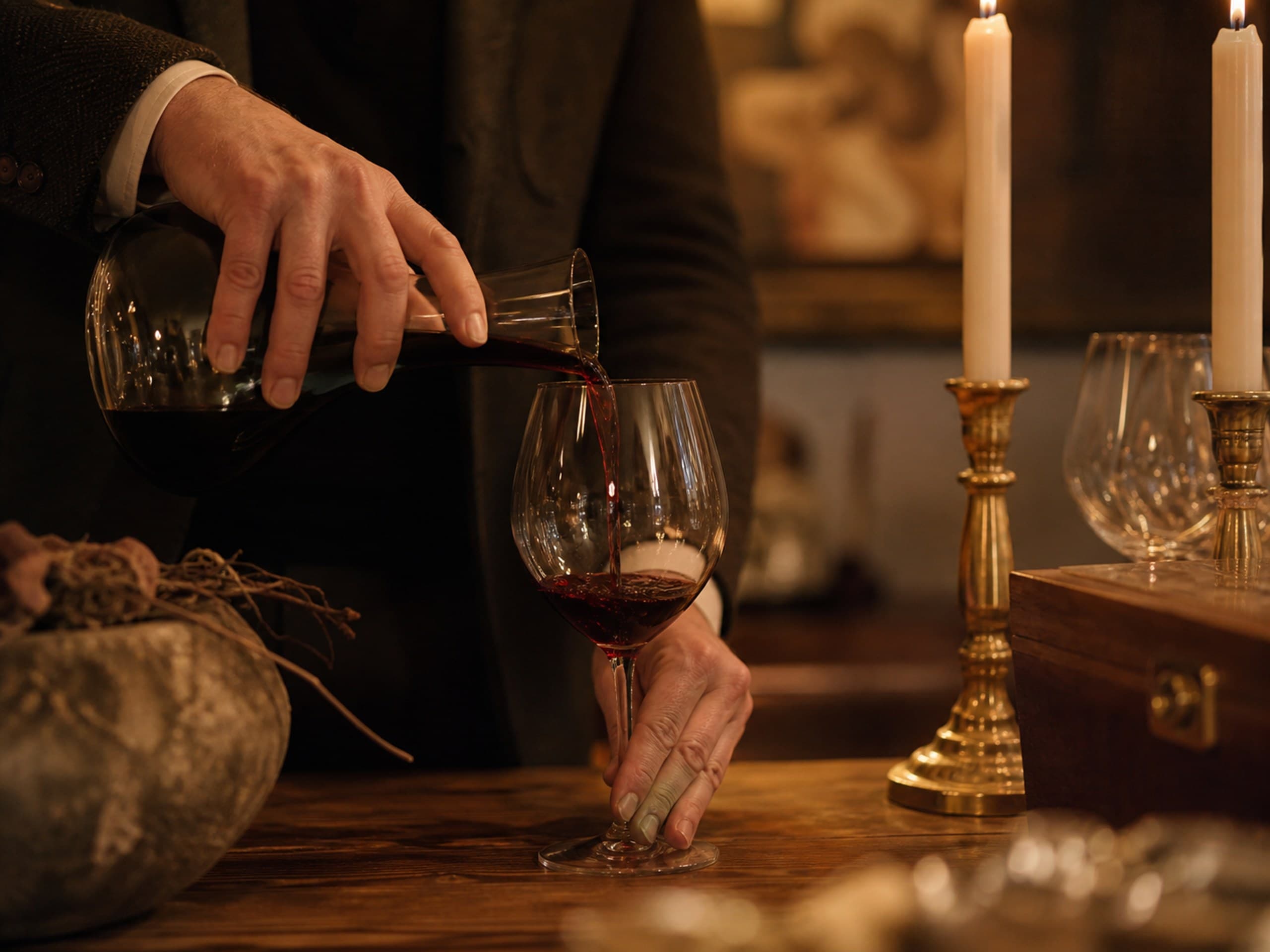 A sommelier preparing bottles for a private table