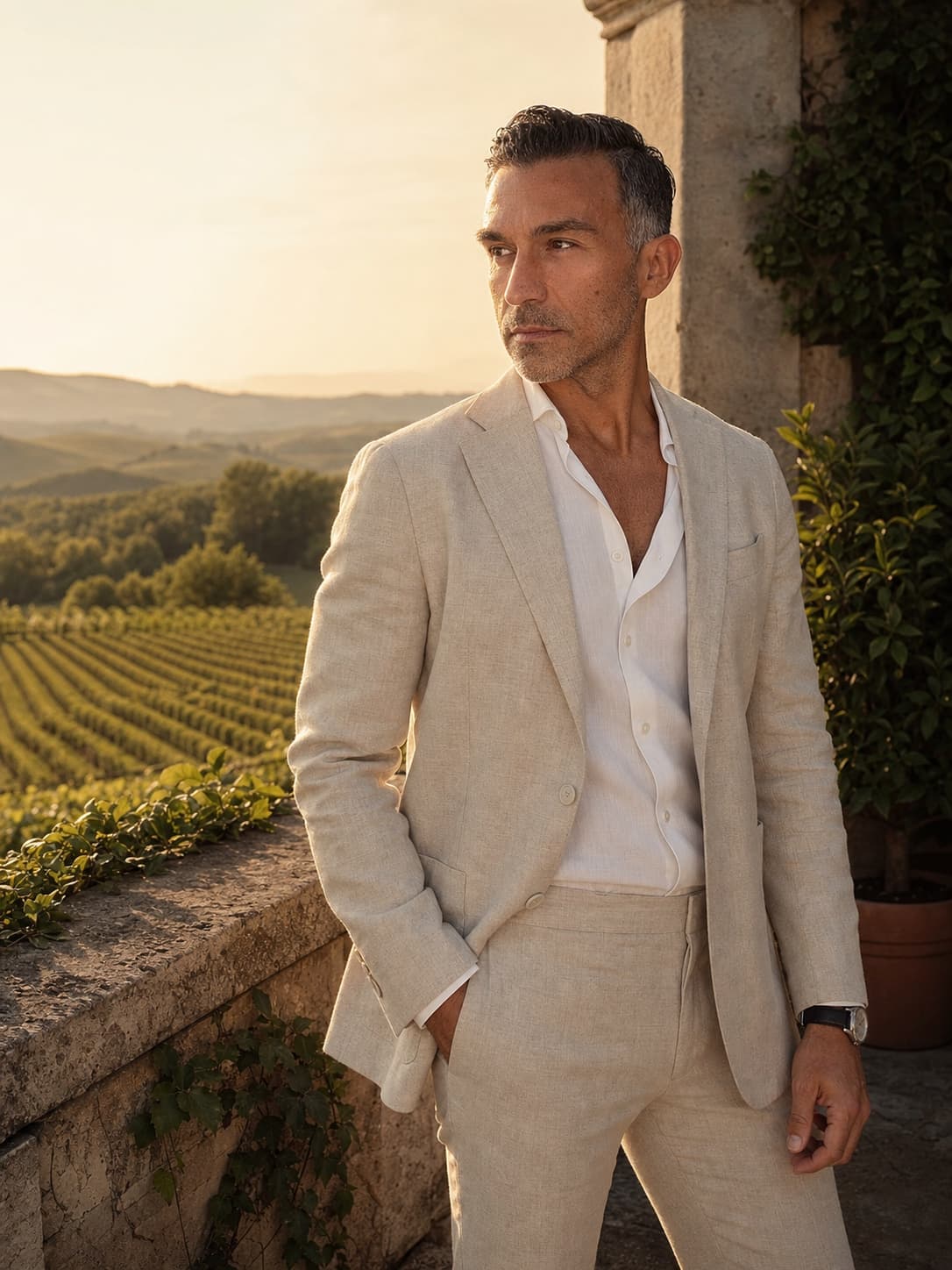 Anthony Clemenza, sommelier and founder of Prestige Vin, above a vineyard at golden hour