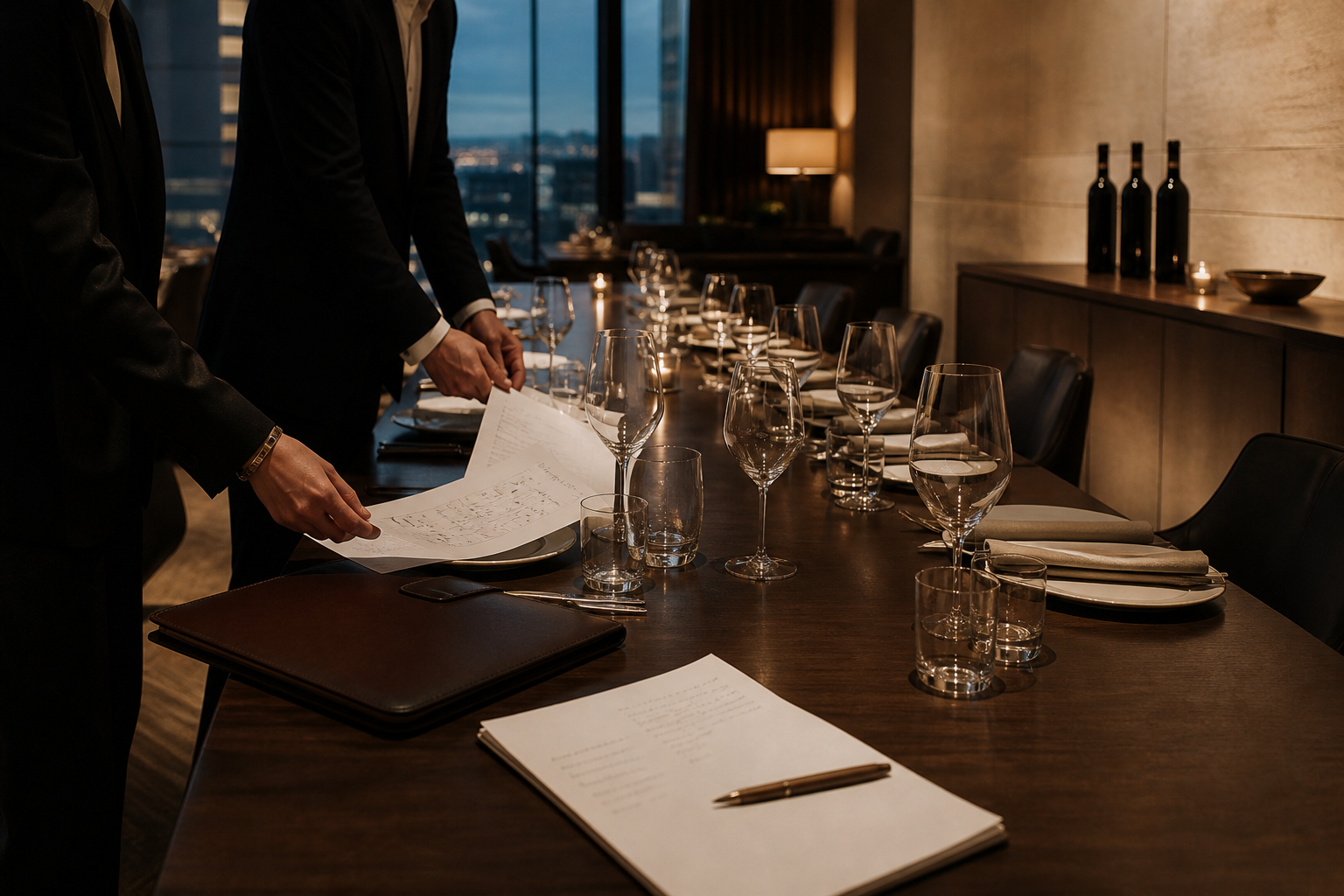 A private corporate wine table being prepared before guests arrive