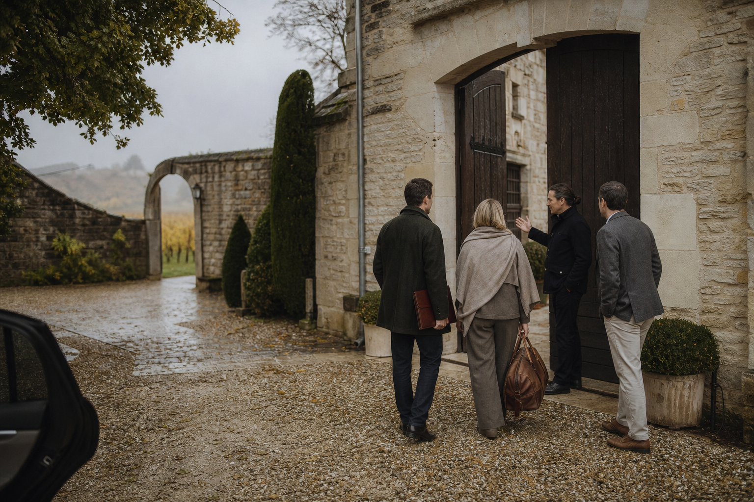 Travelers receiving a private introduction at a historic wine estate